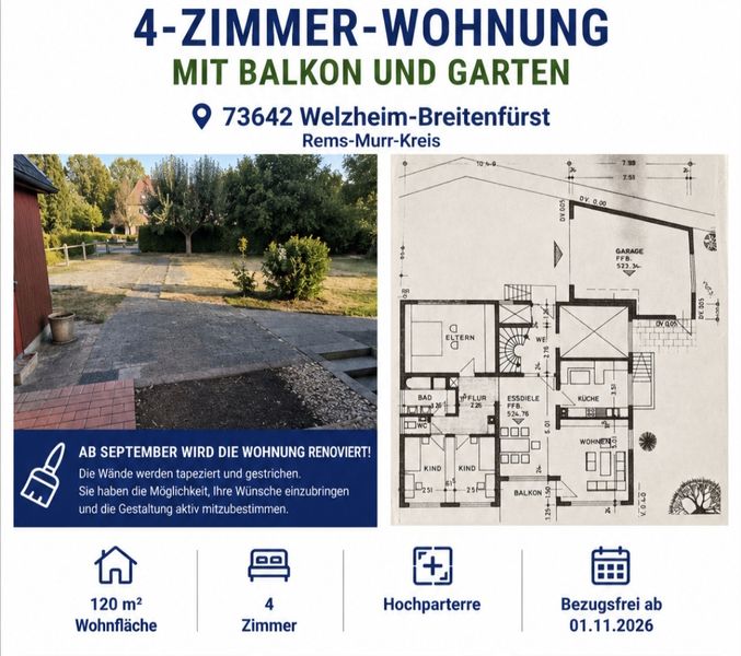 4 Zi. Wohnung mit Garten in Welzheim Breitenfürst nach Renovierung ab 01.11.26 zu vermieten